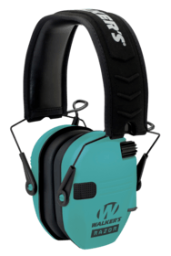 Walker's Razor Slim Electronic Muffs feature Light Teal cups with a black logo